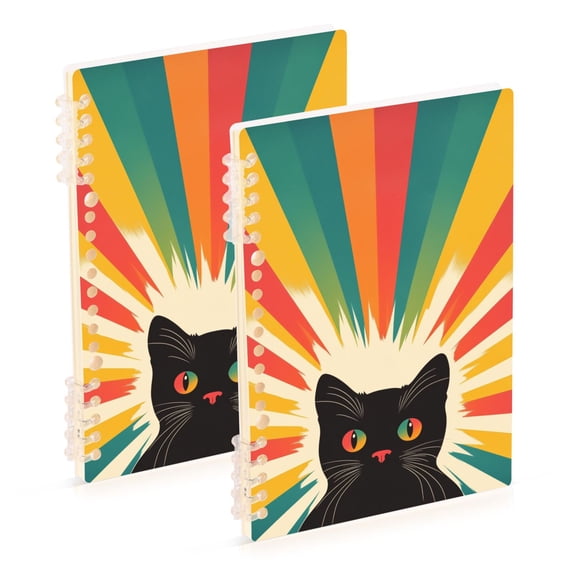 FORMRS 1-Subject Spiral Notebook 8" x 5" College Ruled 60 Refillable Sheet A5 Hard Cover, 2 Pack, Colorful Black Cat