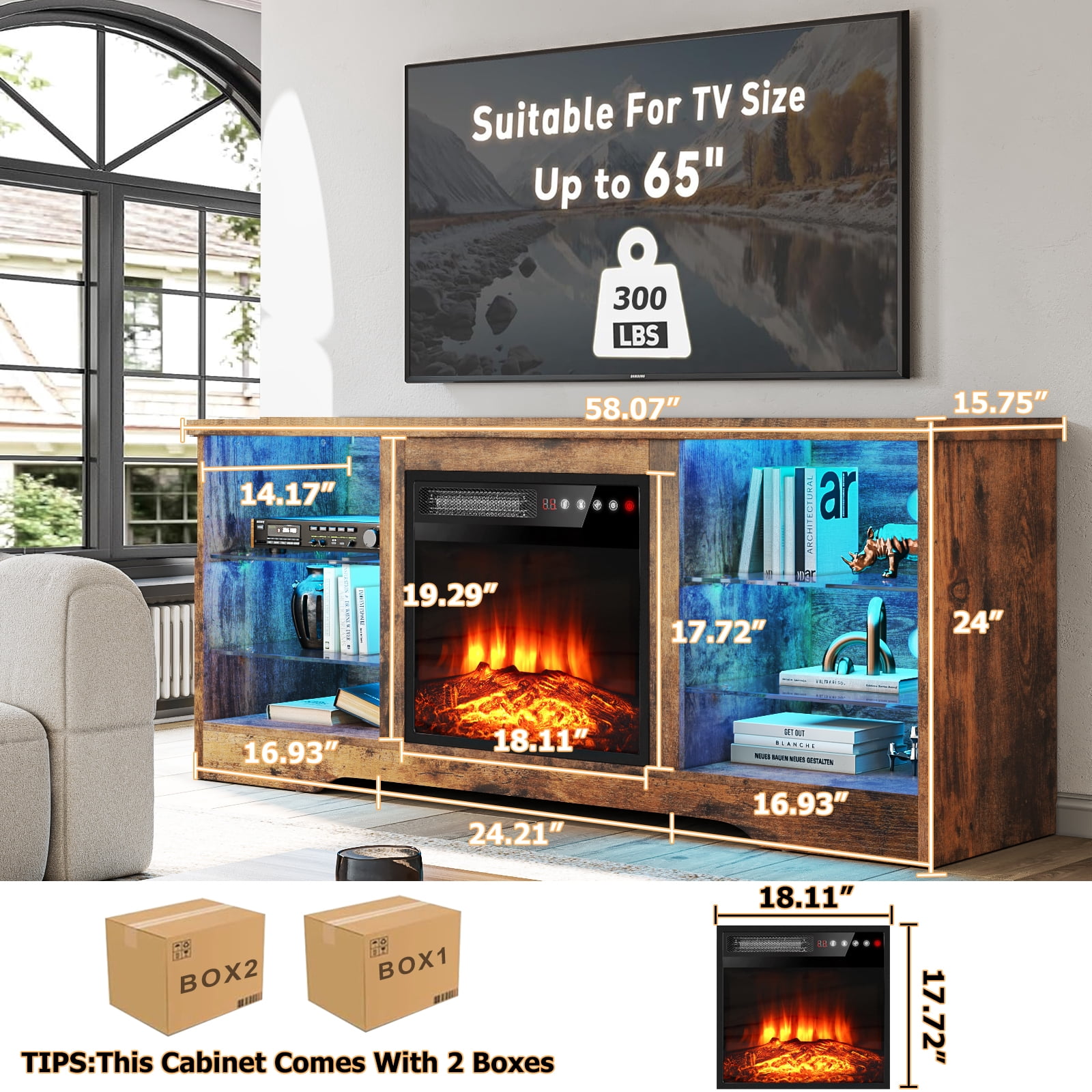 BOSSIN 58" Fireplace TV Stand for TVs up to 65 inch Console with 18'' Electric Fireplace & Remote, Wooden Modern Entertainment Center for Living Room with LED Light Glass Shelves