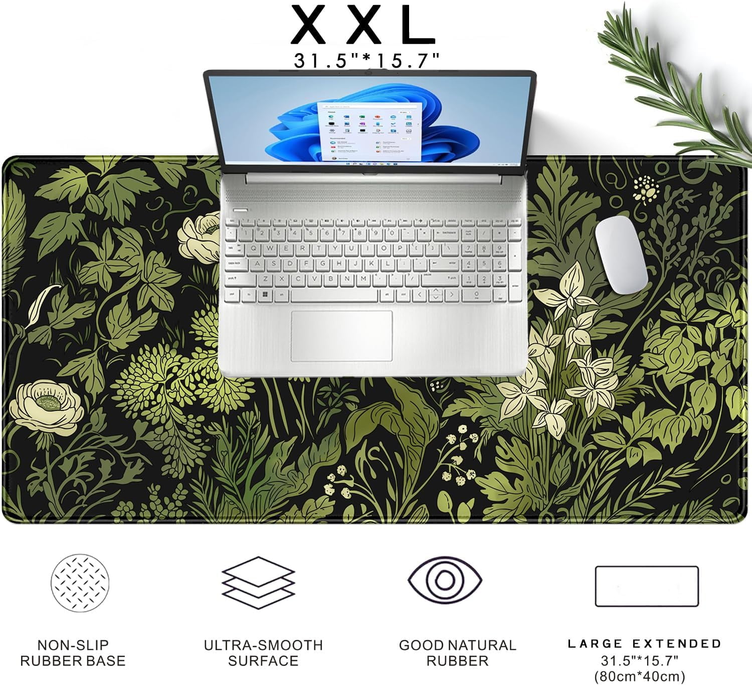 Floral Green Leaves Plant Pad Matt for Desktop Large Gaming Mousepad XXL Full Desk Mouse Pad Computer Keyboard Mat Deskmat Aesthetic Office Decor 31.5 X 15.7 Inch