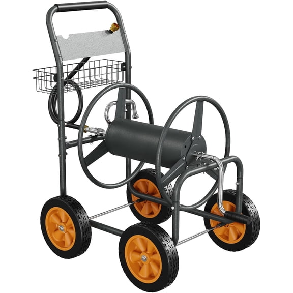 300 Ft Hose Reel Cart with Basket Heavy Duty Portable Garden Hose Cart for Yard