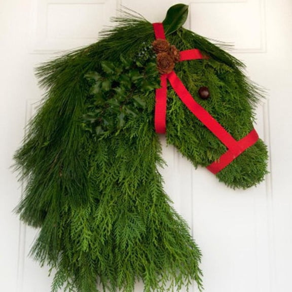 Horse Head Wreath for Front Door Artificial Christmas Wreath Green Faux Plant and Wooden Wreath for Wall Windows Christmas Tree Decoration Xmas Door Decor for New Year 2026, 15.74x11.81x1.9 inch