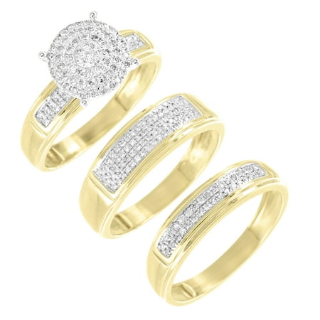 Gold Trio Set Ring - 10k Yellow Gold Wedding Rings Engagement Bridal Trio Set 0.40ct Diamonds His Her