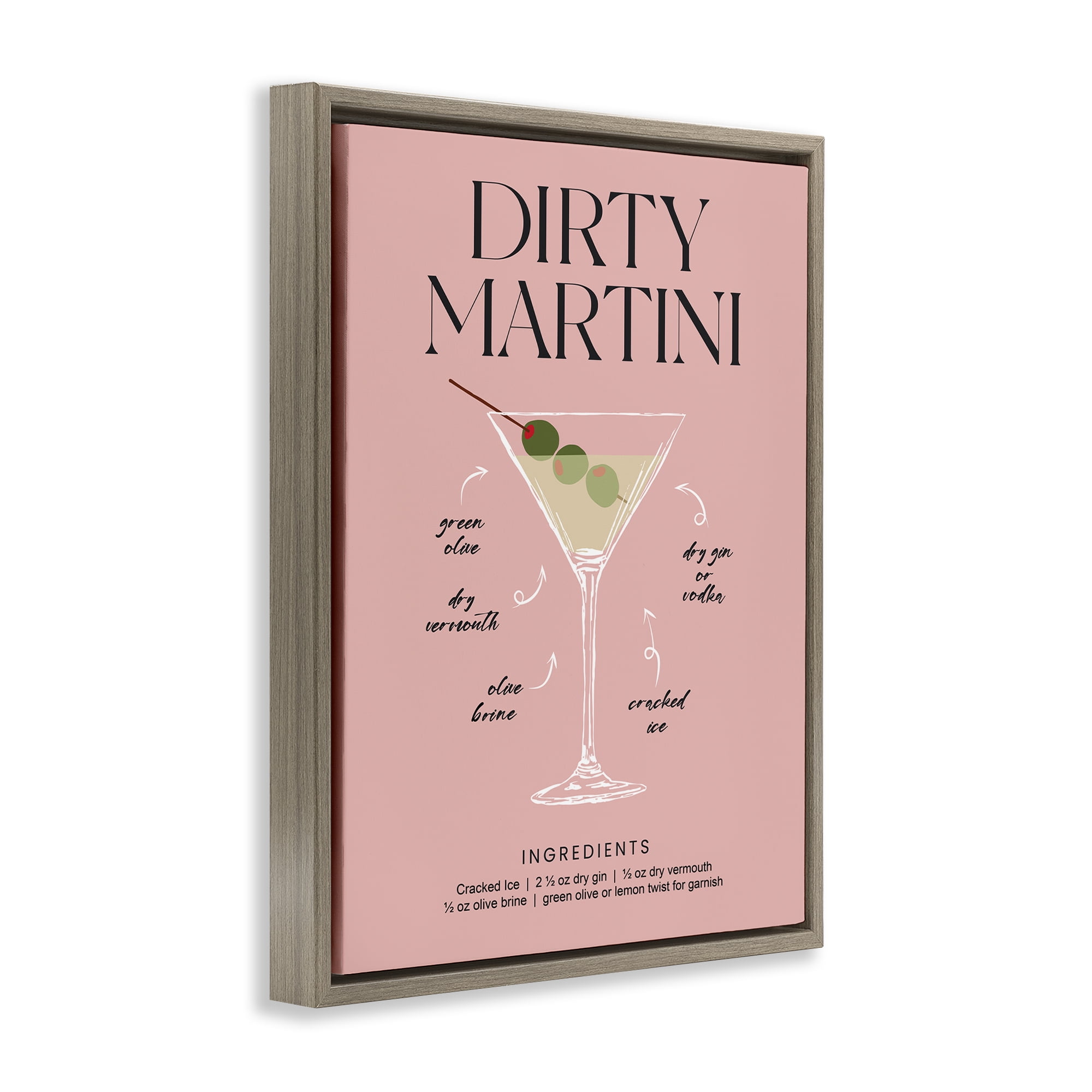 Stupell Industries Dirty Martini Pink Recipe Brown Framed Floater Canvas Wall Art, design by Lettered and Lined
