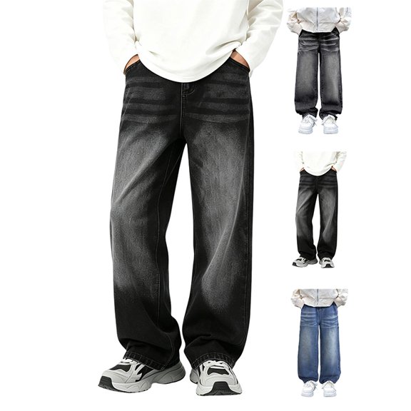 Afuyipoi Big Boys Denim Jeans Size 8-15 Solid Color Loose Wide Leg Straight Fit Washed Casual Pants for Kids Everyday Play School Activities Black Size 9