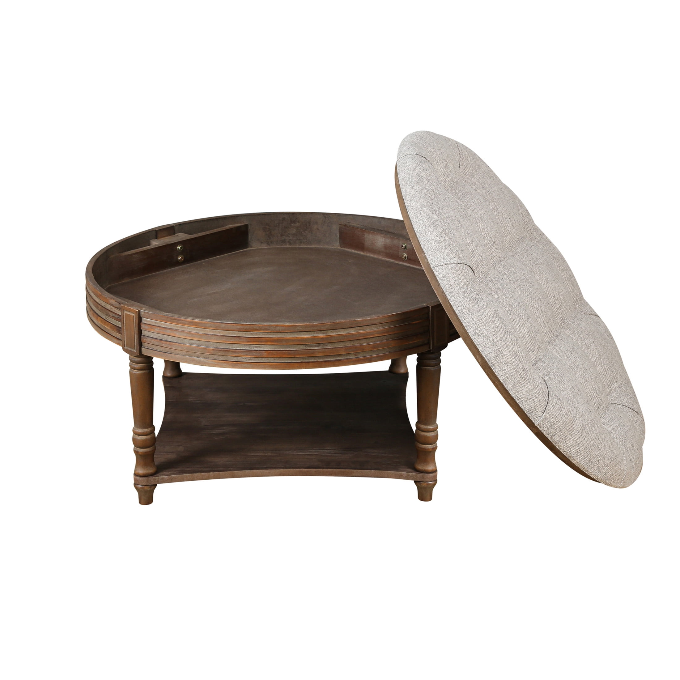 Noble House Large Round Tufted Ottoman Coffee Table with Wooden Storage Shelf, Waterproof Farmhouse Upholstered Footstool,Light Gray
