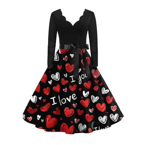 Valentine Dress for Women 1950S Retro Long Sleeve V-Neck Cocktail Dresses with Belt Love Heart Printing A-Line Dress Red XL