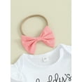 thumbnail image 4 of Baby Girl Summer Outfits Letter Print Short Sleeve Rompers Bowknot Shorts Headband 3Pcs Clothes Set, 4 of 8