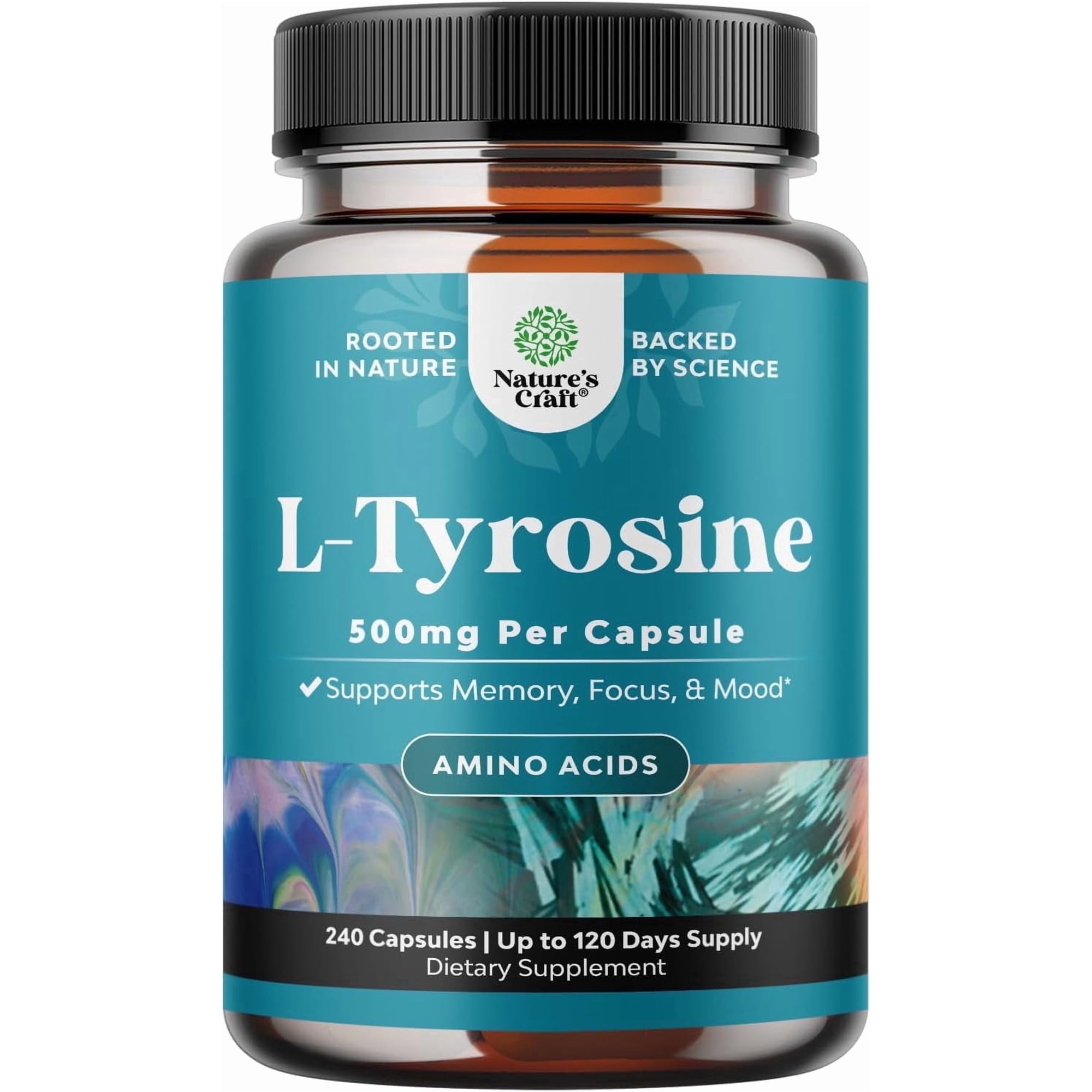 Natures Craft 500 mg L-Tyrosine Amino Acid Supplement for Energy and Focus Support, 240 Capsules