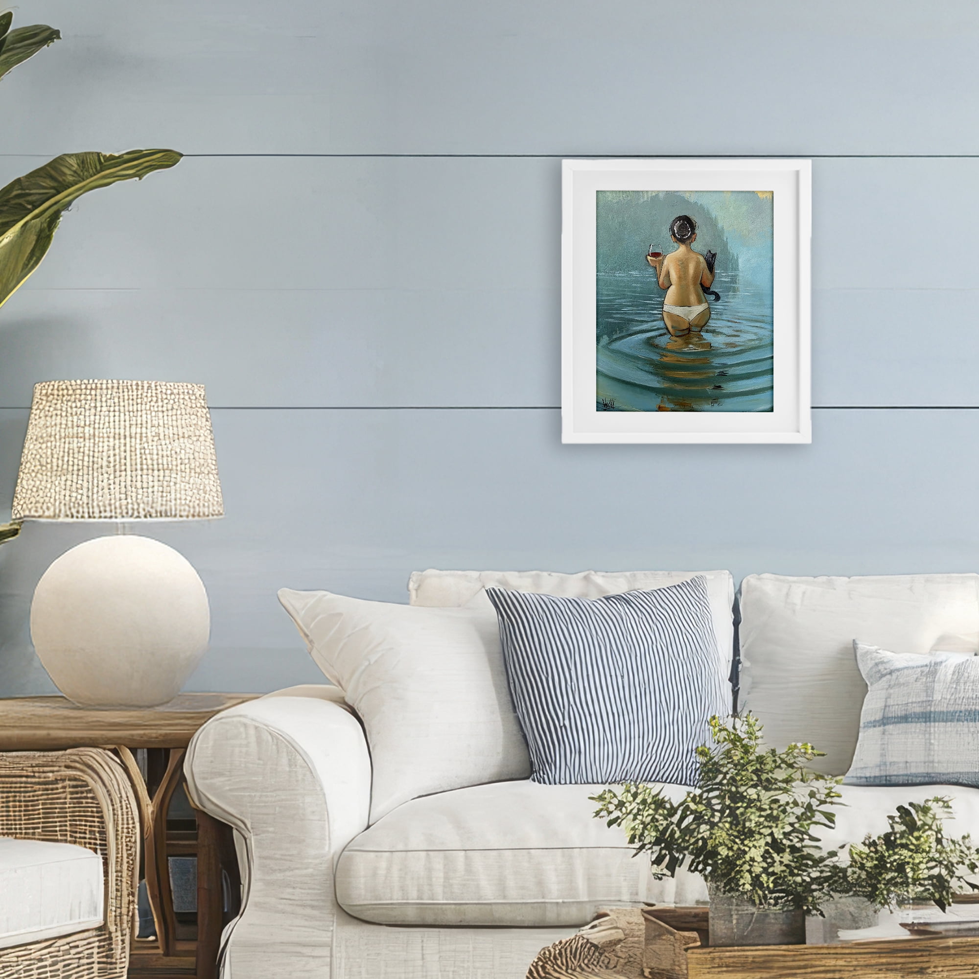 Stupell Industries Cat & Wine Dip At Twilight White Framed Print Under Glass, design by Ronald West