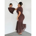 thumbnail image 2 of Brown Plus Size Elegant Sheer Mesh Ruched Maxi Dress With Cowl Neck And Puff Sleeves, 2 of 8