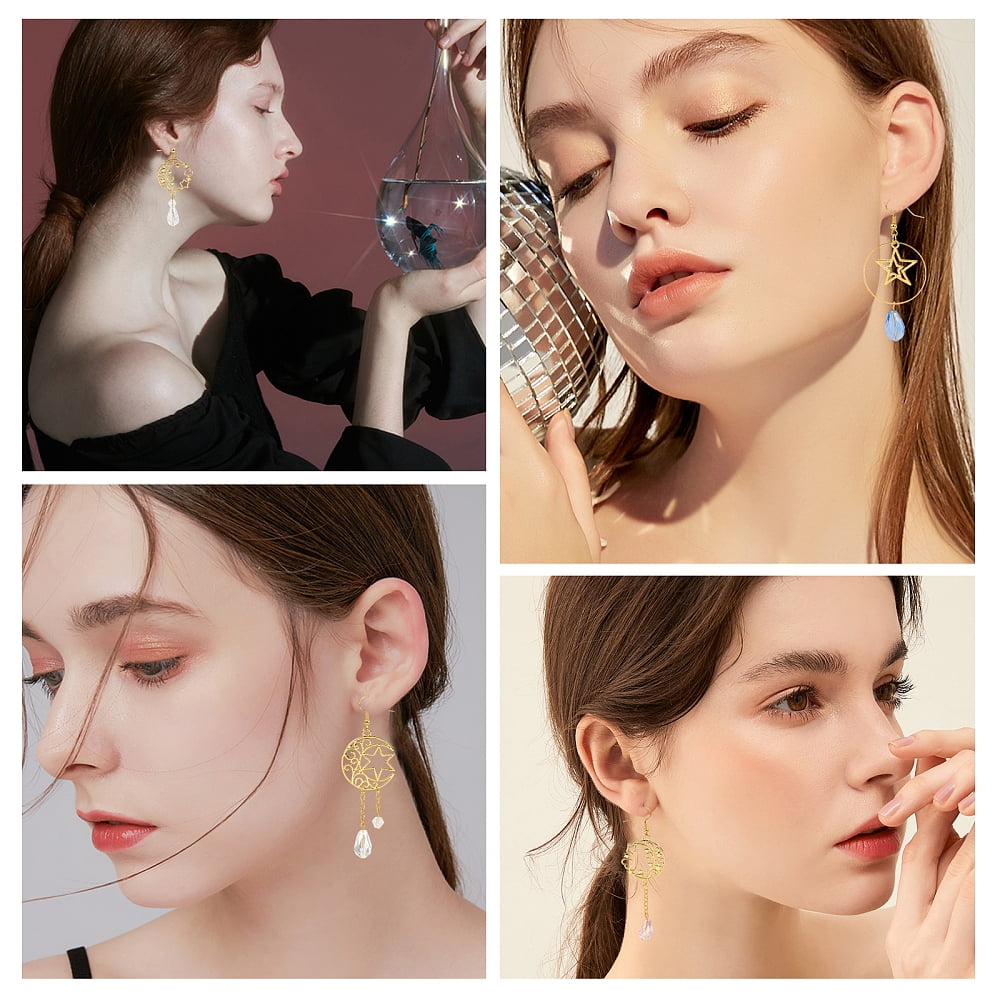1 Box DIY 10 Pairs Star Moon Dangle Earrings Making Starter Kit Long Drop Stud Hoop Earrings Gold Moon and Star Pendant Charms Linking Rings
