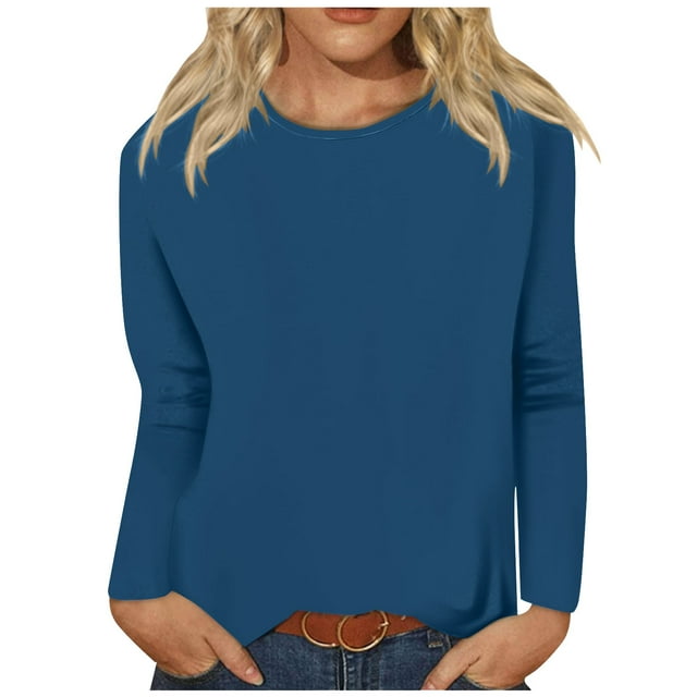 Timegard Womens Tops Long Sleeve Round Neck Solid Color Basic Tee Fall Casual Comfy Loose Tops Blouse