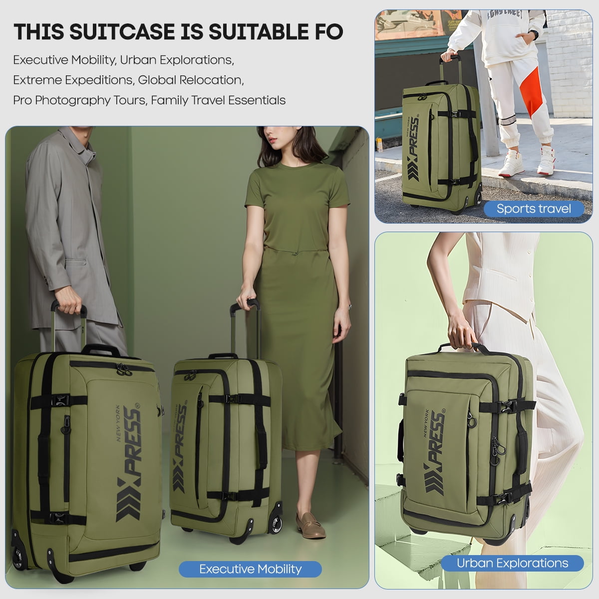 3 Piece Softside Luggage Set, Expandable Suitcases with Wheels, Heavy-Duty Waterproof Travel Bags, 20/26/30 in, Army Green - TA069