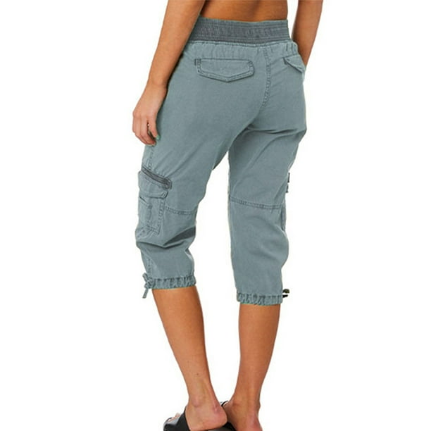 MAWCLOS Ladies Cropped Trousers Solid Color Cargo Pant High