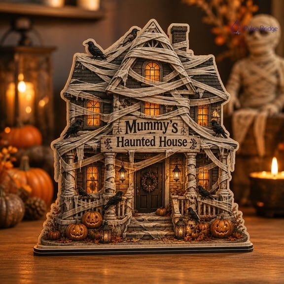 Wooden Block Decor Mummy Haunted House Wood Tabletop Display for Halloween