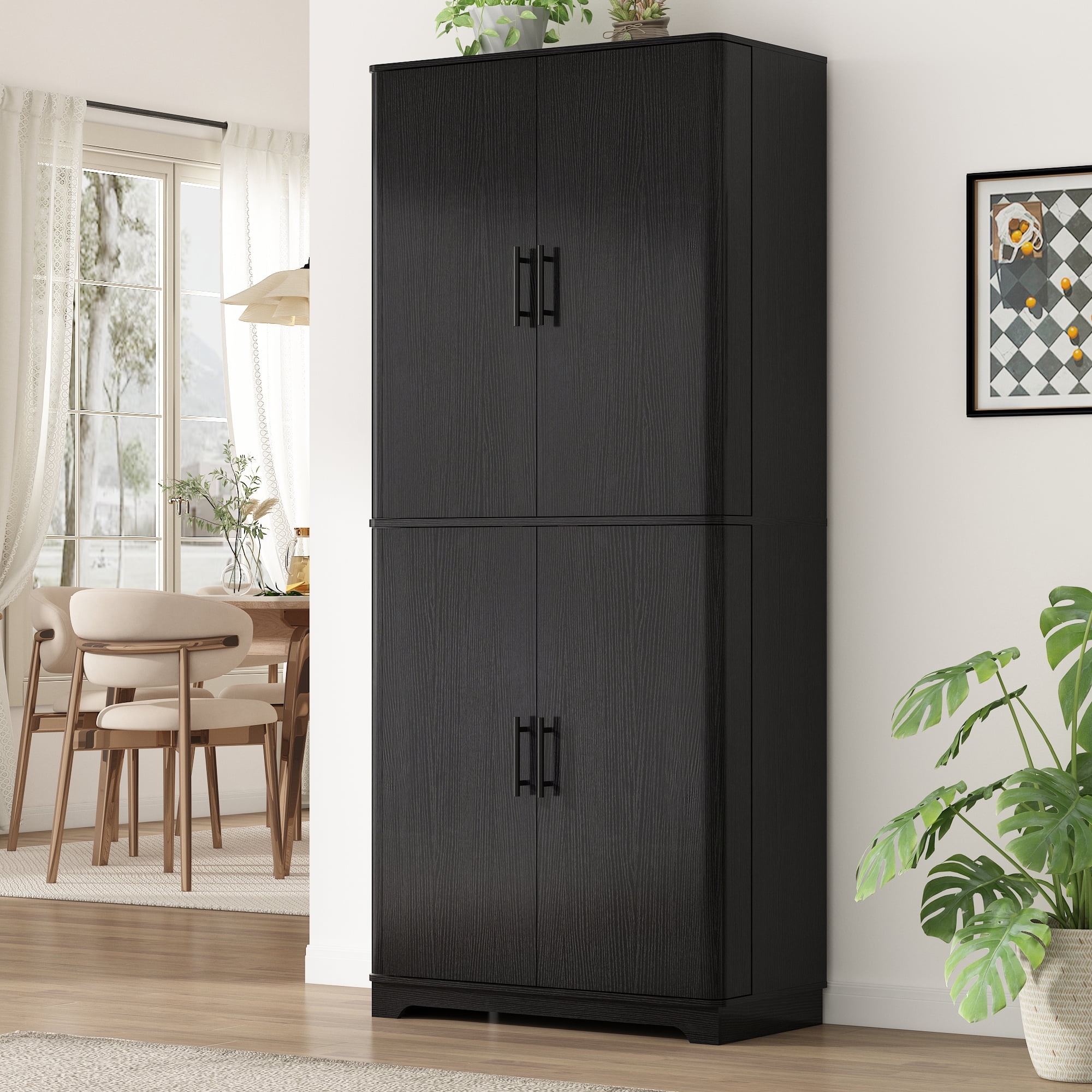 Blotout 72" Tall Kitchen Pantry Cabinet w/ 12 Side Shelves, 6 Layers Modern Cabinet Wood Cupboard, 4 Wood Doors Storage Cabinet w/ Adjustable Shelves for Kitchen, Dining Room, Living Room, Black