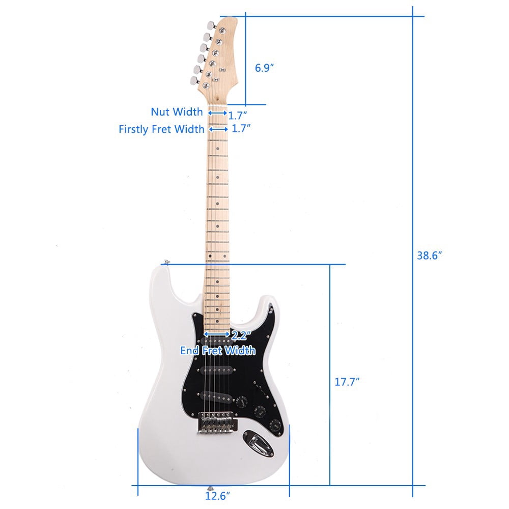 Electric Guitar Kit - 6-String Guitar with 20W Amplifier, Black Pickguard, Carry Bag, Shoulder Strap, Accessories Pack (White)