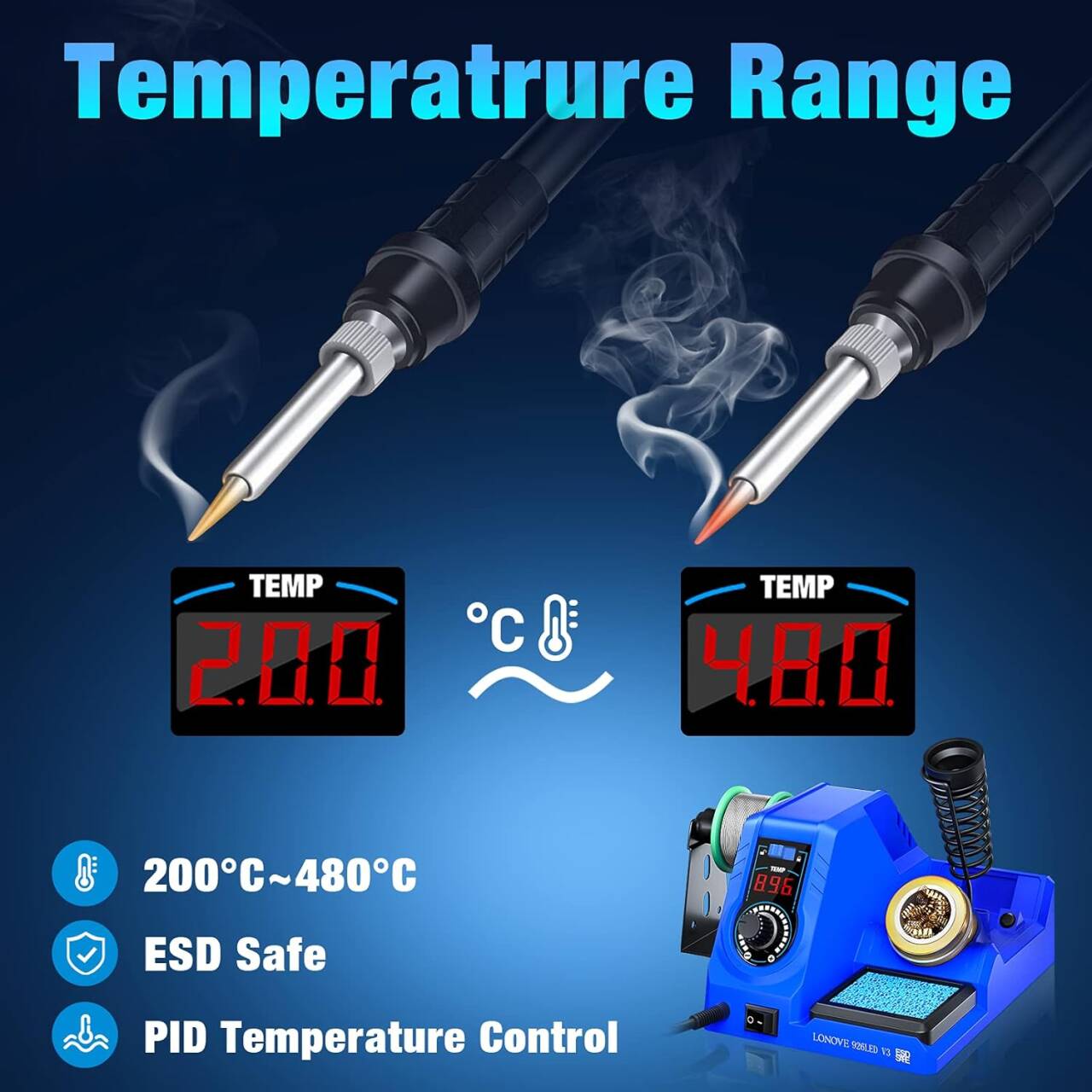 926LED V3 Soldering Iron Station Kit with Lead-free Solder Wire, 5 Soldering Tips, Tip Cleaner, Desoldering Pump with Temperature Control, Sleep Mode, C-F Conversion Function