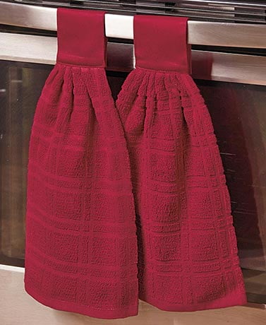 Set of 2 Hanging Kitchen Dish Hand Towels Hang On Oven Door Tan Red Black Blue