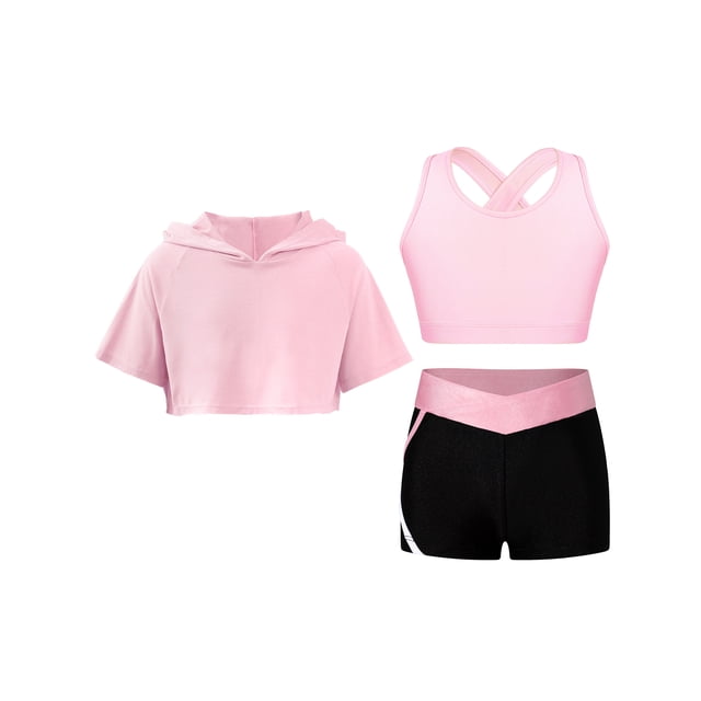 JanJean Ensemble de Danse 3 Pcs pour Filles, Haut Court et Short de Yoga à Manches Courtes avec Capuche, Rose 8