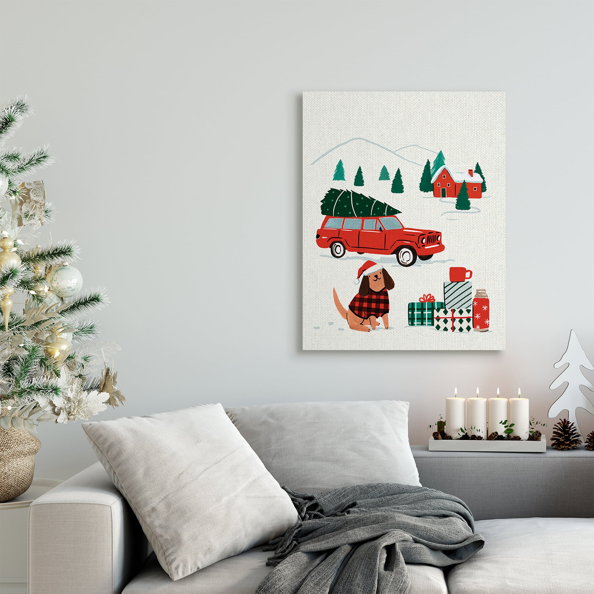 Stupell Industries Vintage Red Car Christmas Festive Santa Dog Holiday Painting Gallery Wrapped Canvas Art Print Wall Art, 24 x 30