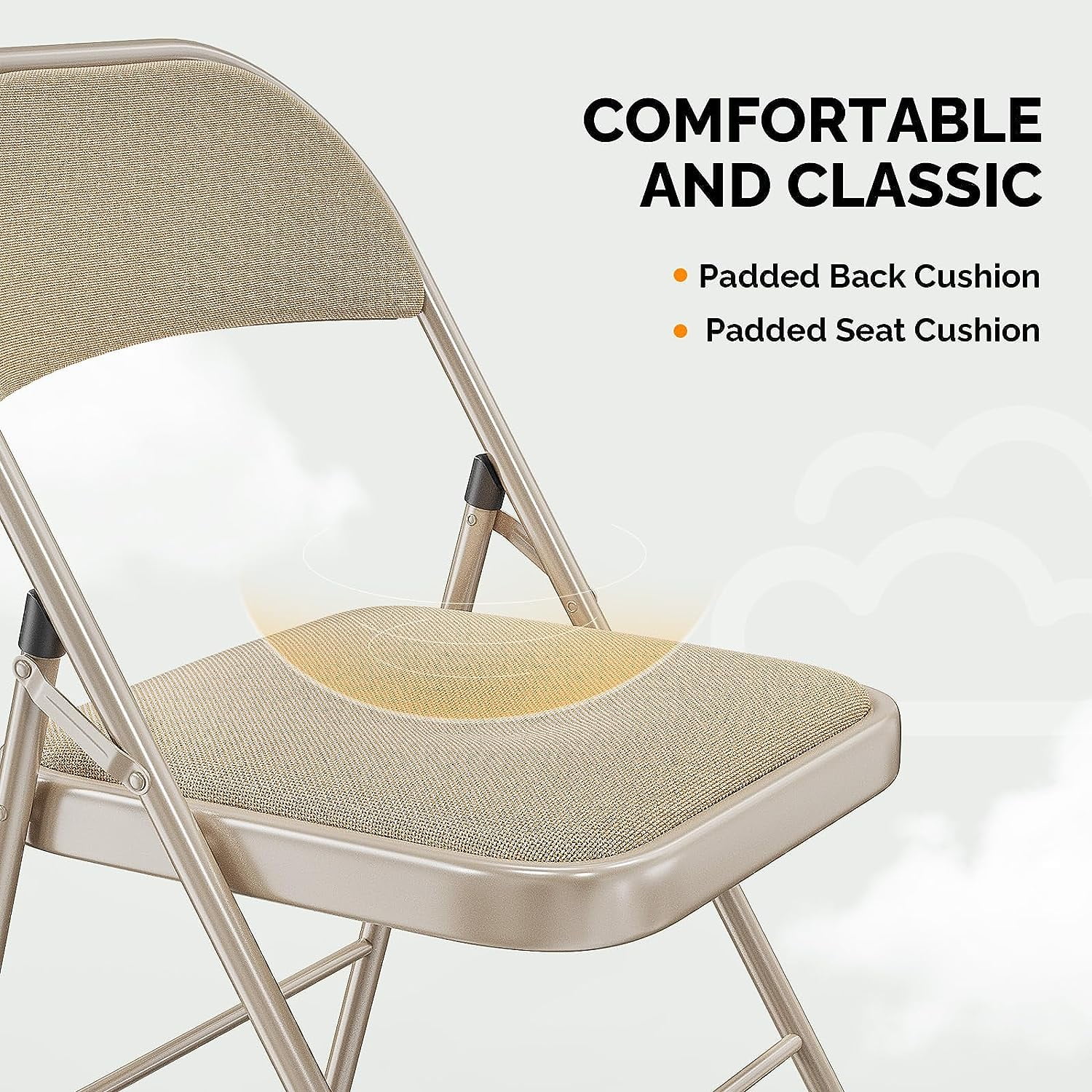 VINGLI Folding Chairs with Padded Seats, Metal Frame with Fabric Seat & Back, Capacity 350 lbs, Khaki, Set of 10