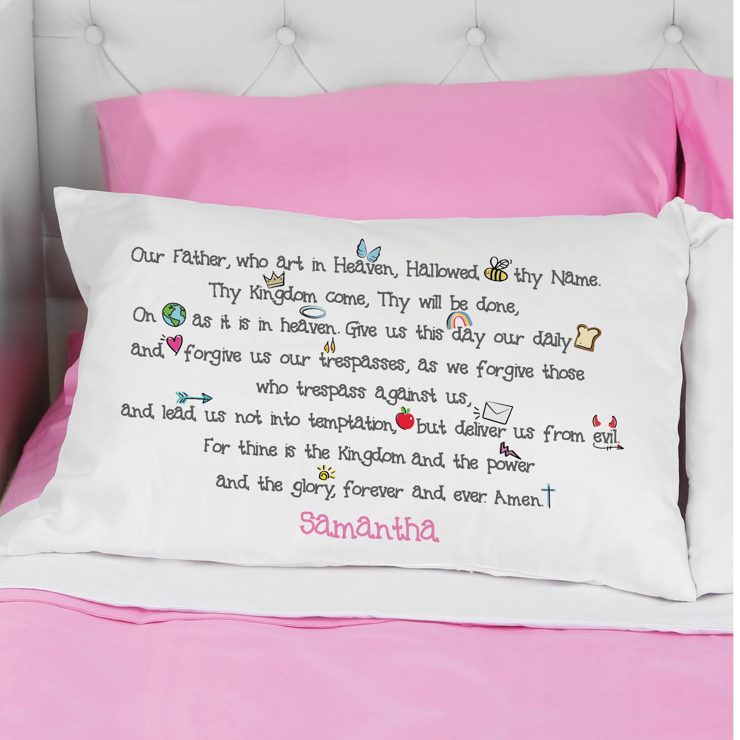 Personalized Planet Our Father Prayer White Pillowcase with Custom Pink Name Printed | Fun Spiritual Bedroom Décor for Children | Standard Queen Size Pillow Cover | 20x31