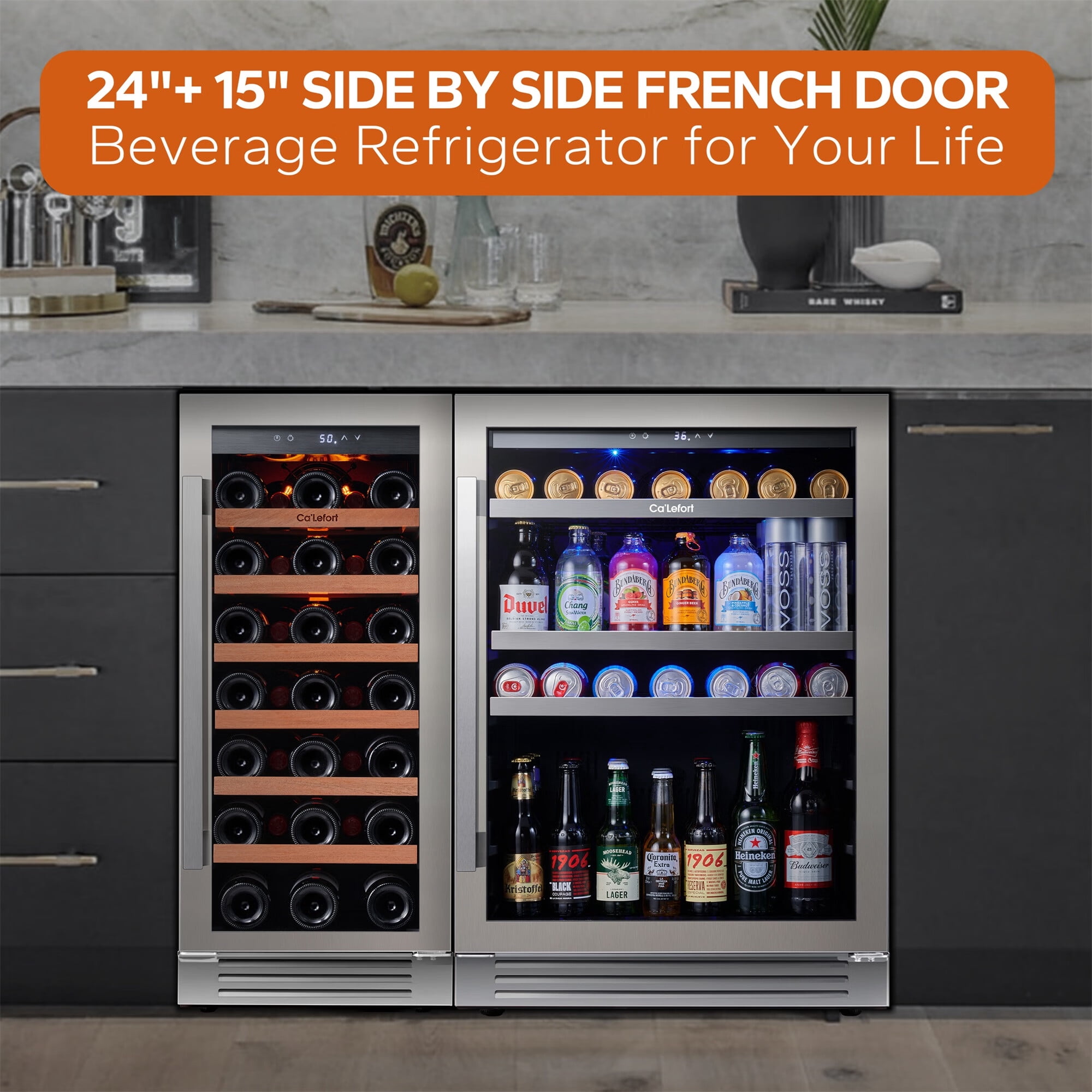 Ca'Lefort Wine Cooler Beverage Refrigerator, Hold 140 Cans and 33 Bottles Dual Zone Wine Fridge Freestanding & Built-in with Stainless Steel frame for Kitchen Office