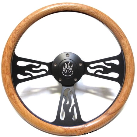 Ford Van, Pick Up Steering Wheel Oak Wood & Flames Black Billet Flamed Horn Cool"
