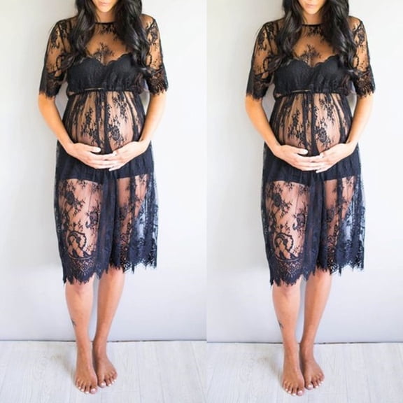 YMNXA Women's Maternity Dress Short Sleeve Round Neck Lace Mesh Sheer Elegant Fashion Pregnant Dresses For Photography,Black,L