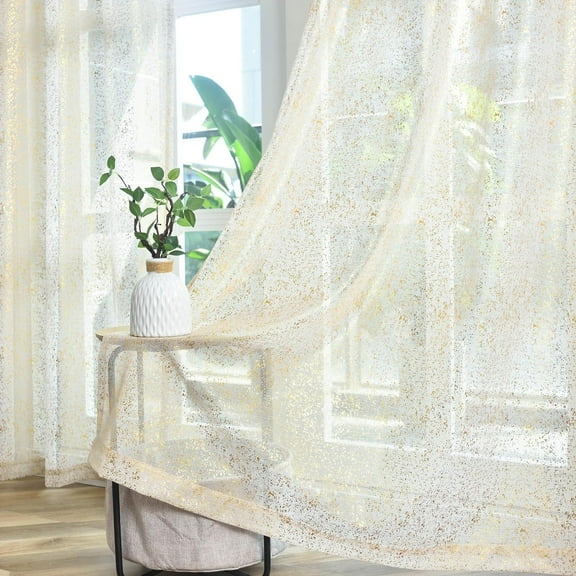 GHGSDH-Metallic Gold Sheer Curtains 63 Inch Length for Bedroom, Gold Foil Sparkle Taupe Sheer Curtains 2 Panels, Rod Pocket Light Filtering Privacy Shimmer Curtain Drapes, 52 x 63 Inch, Gold Taupe
