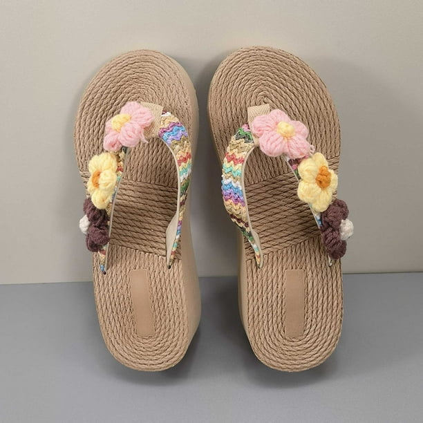 PEZHADA Shoes for Women Women s Summer Bohemian Folk Style Flower Wedges Beach Sandals Flip flops