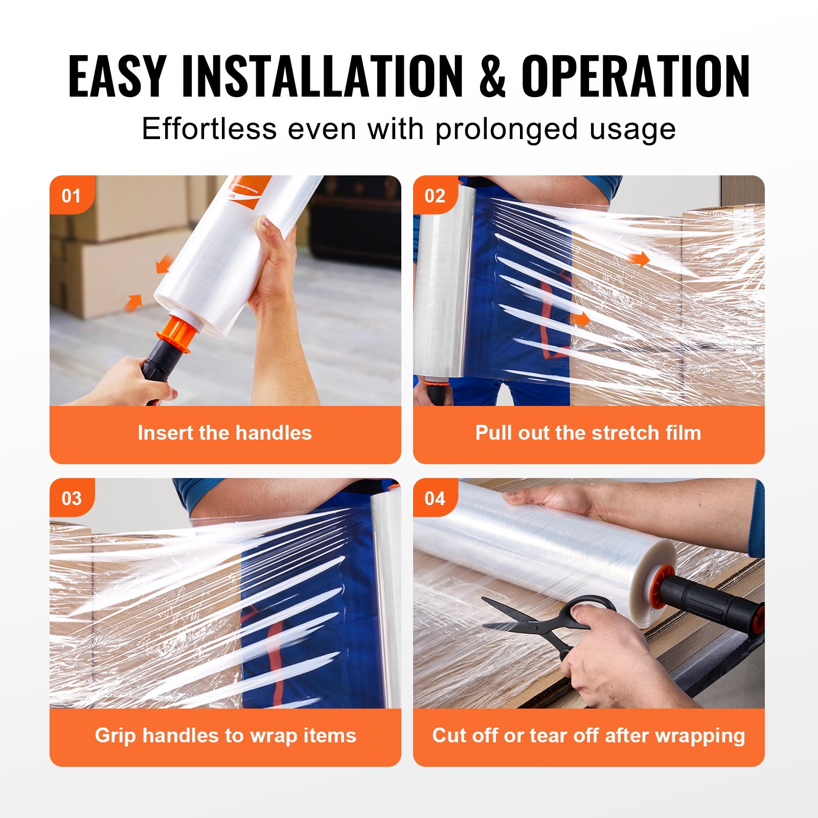 KFFKFF Pallet Wrap, 15-inch by 1200-foot Roll, 80 Gauge Thickness, Clear Industrial Shrink Wrap with Easy-to-Use Handles for Stabilizing Shipments and Moving Tasks