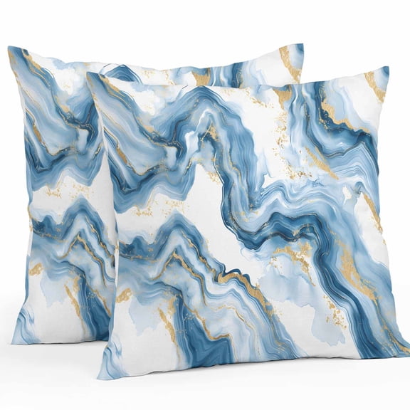 Waterproof Outdoor Throw Pillow Cover Blue Golden White Marble Texture Pillowcases Set of 2 Abstract Style Decorative Patio Furniture Pillows for Couch Garden 18 x 18 Inches