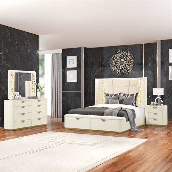 La Pierre Contemporary Style Queen 4PC Bedroom Set made with Wood in Beige