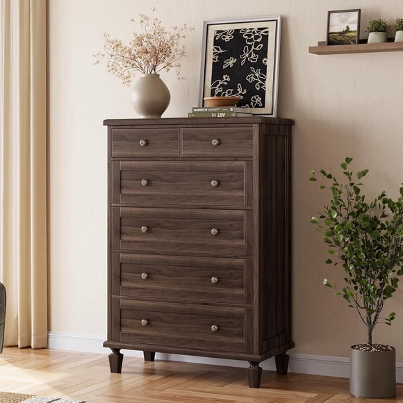 Vintage 6 Drawer Dresser for Bedroom, Tall Wood Dresser with Tapered Legs Support, Dressers & Chests of Drawers for Living Room, Dark Brown