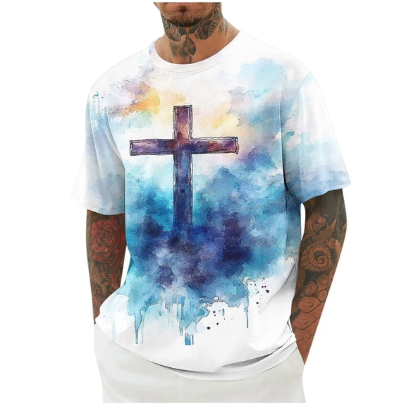 Men's Easter Cross Print T-Shirt – Short Sleeve Crew Neck Casual Tops for Spring Summer Holiday and Everyday Wear Christian Cross Print Casual Tee