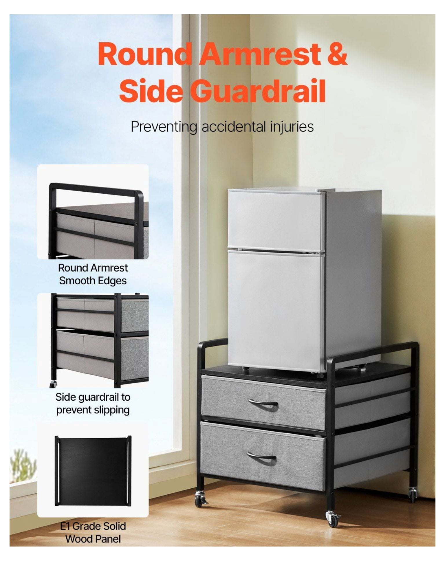 Mini Fridge Stand with Storage, 176 lbs Capacity, Gray Woodgrain - 2 Drawers, Mobile Refrigerator Table, Durable Small Appliance Stand