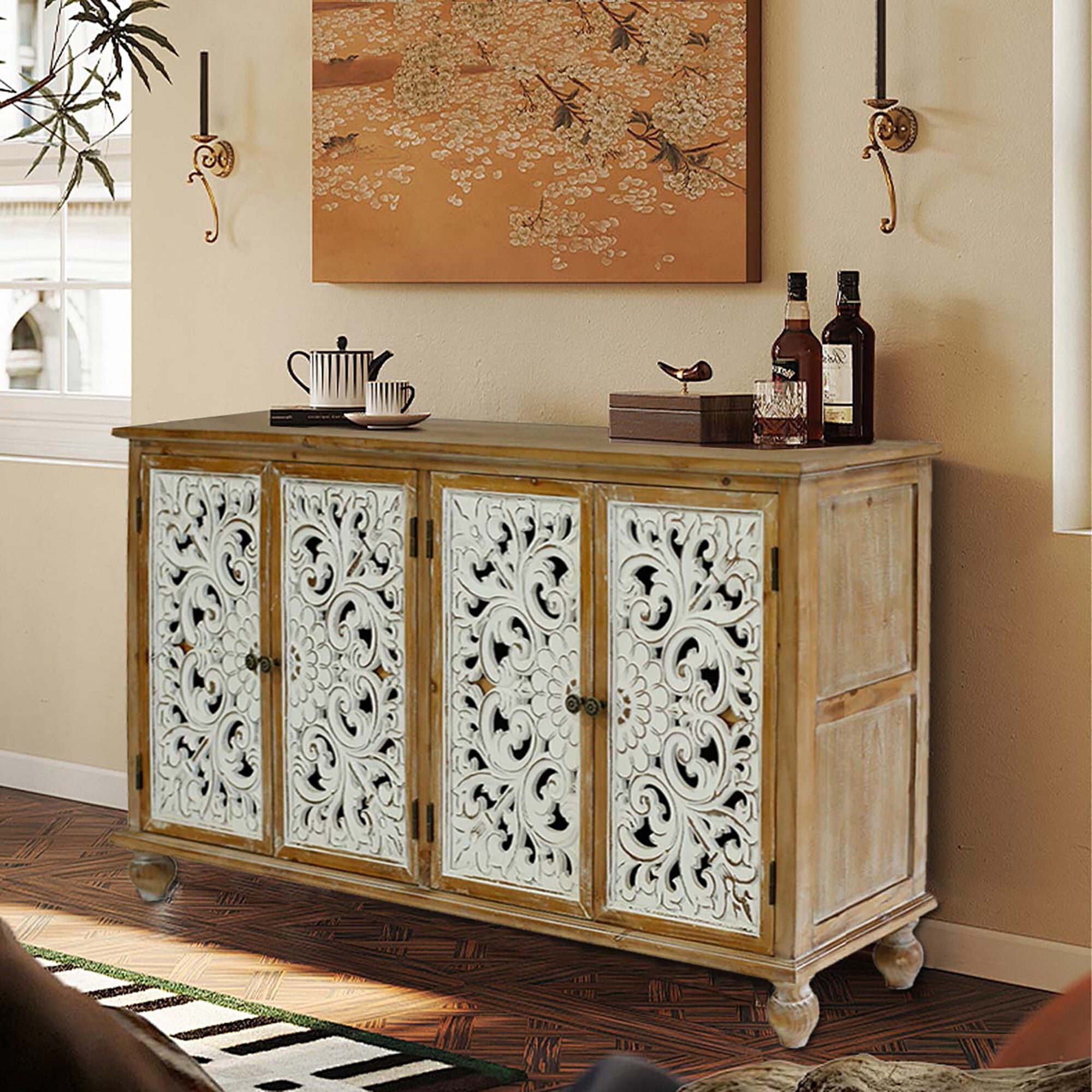 AENKYO Vintage Distressed Accent Cabinet Sideboard Buffet with Handmade Carved Doors and Adjustable Shelves, Natural Wood