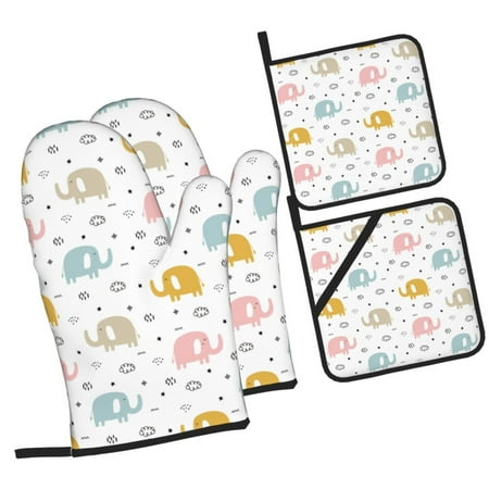 

Tebeau Little Elephant Print 4 Pcs Oven Mitts and Pot Holders 500°F High Heat Resistant Kitchen Oven Mitts with Pot holders Long Oven Mitts for Baking and Cooking