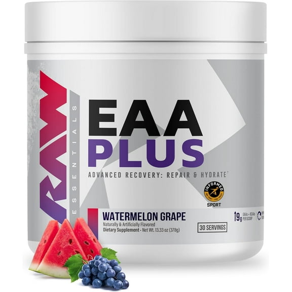 RAW Nutrition  EAA Plus, Pre Workout Amino Energy Powder for Advanced Endurance, Recovery & Lean Muscle Growth, Watermelon Grape (30 Servings)