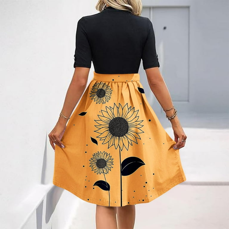 Ovbmpzd Wrap Dresses for Women 2026 Midi Yellow Floral Ribbed Dress Short  Sleeve Dresses Birthday Dresses for Women XL