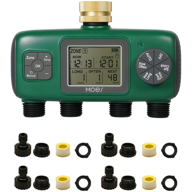 4-Zone Smart Irrigation Controller with Brass Inlet, Programmable Timer for Garden/Lawn, Rain Delay & Manual Watering Modes, US Standard 3/4" Interface, Durable ABS Construction, IPX5 Waterproof -