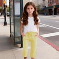 thumbnail image 2 of Pants for Girls Kids Summer Plaid Drawstring Capri Trousers Side Pockets Playwear Yellow 7-8 Years, 2 of 6