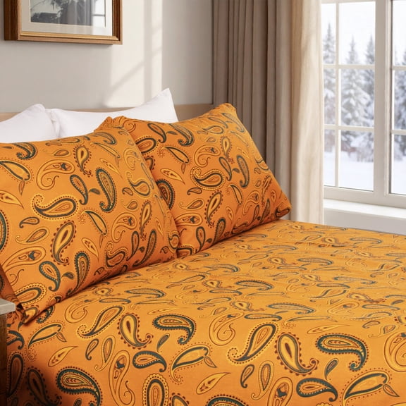 Superior Paisley Flannel Cotton Bed Sheet Set , Soft Fitted Sheets, California King, Pumpkin