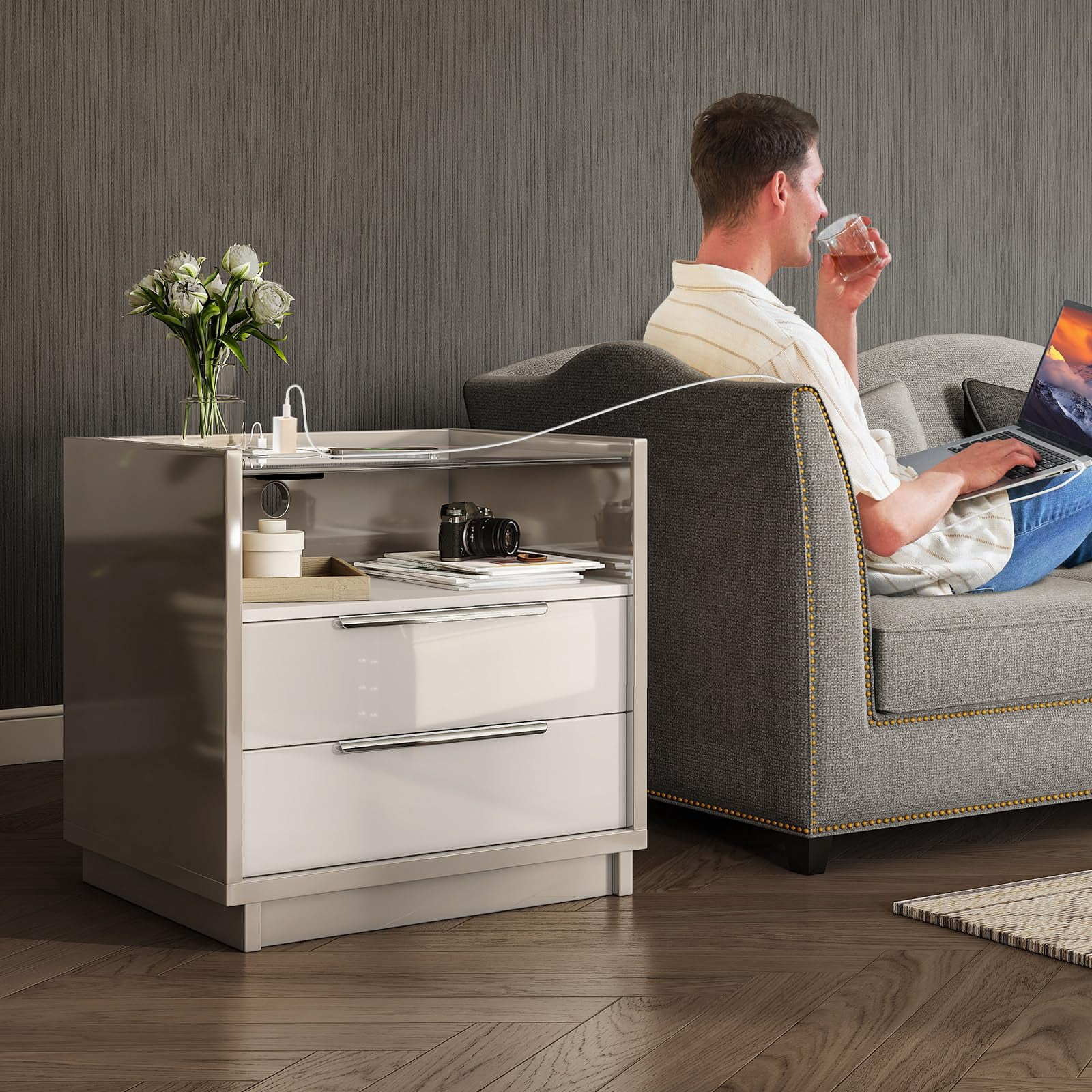 Papajet 23.6" Nightstand High Gloss End Table with Glass Tabletop, Modern Bedside Table with Charging Station, 2 Drawers for Bedroom, Cream & Gray