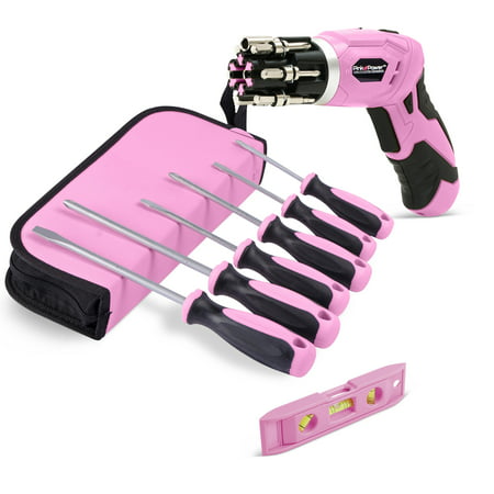 Pink Power 3.6 Volt Rechargeable Cordless Electric Screwdriver Kit and 6 Piece Handheld Screwdriver