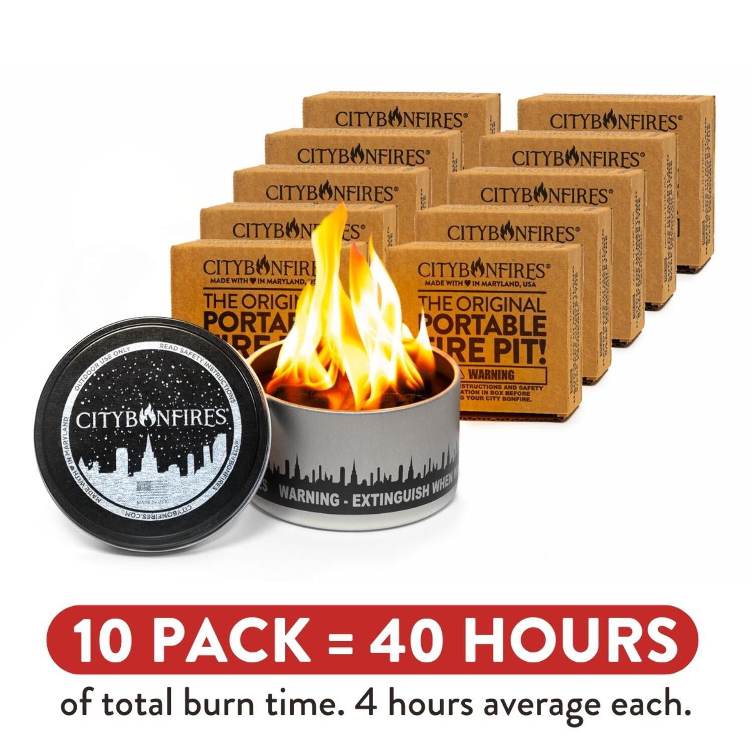 City Bonfires Portable Fire Pit 10 Pack 3‑5 Hour Burn Time Made in USA