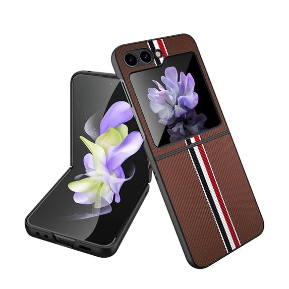 Case for Samsung Galaxy Z Flip5, Twill Pattern Slim Protective Cover for Samsung Galaxy Z Fold5, Skin-Friendly PU Leather+PC Military Grade Shockproof Lens Protection Case with Anti-Slip Strip,Brown