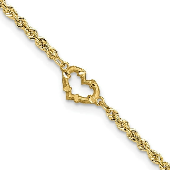 14K Yellow Gold Diamond-Cut Open Heart Rope Chain Anklet Valentine Day Gift for Women 9"